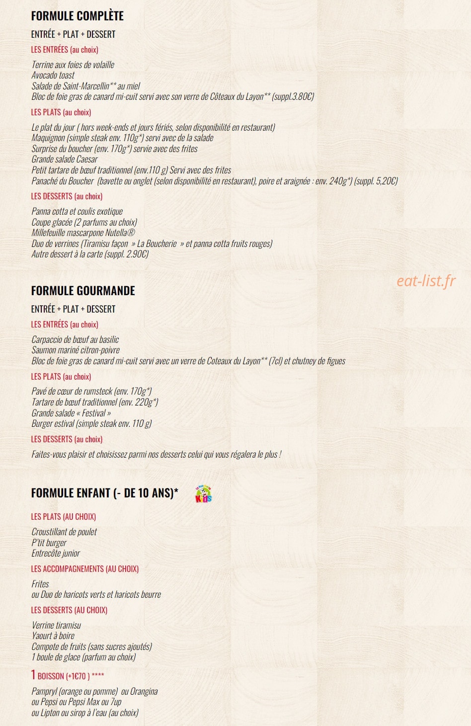 Carte et menu de La Boucherie à Andrezieux Boutheon — Les formules (suite)