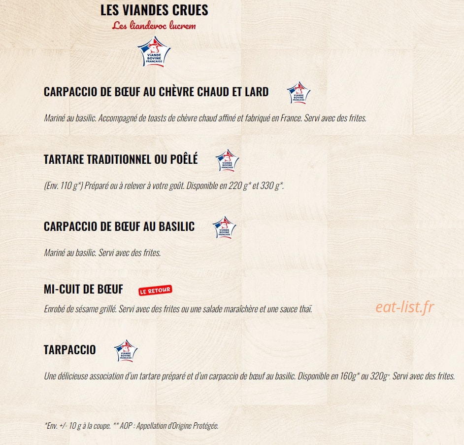 Carte et menu de La Boucherie à Andrezieux Boutheon — Les viandes crues