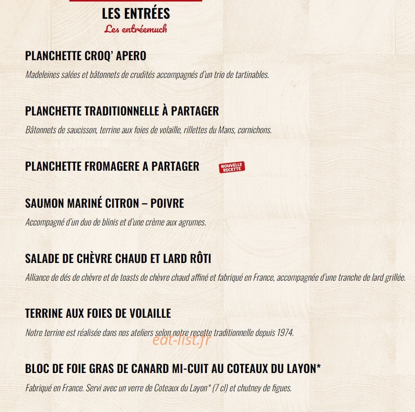Carte et menu de La Boucherie à Andrezieux Boutheon — Les entrées
