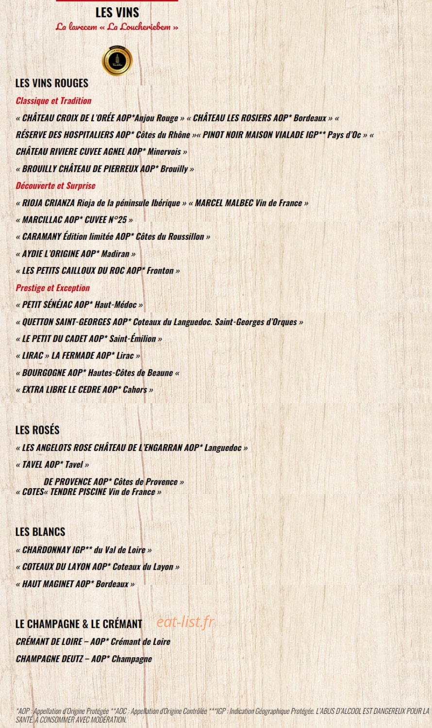 Carte et menu de La Boucherie à Andrezieux Boutheon — Les vins