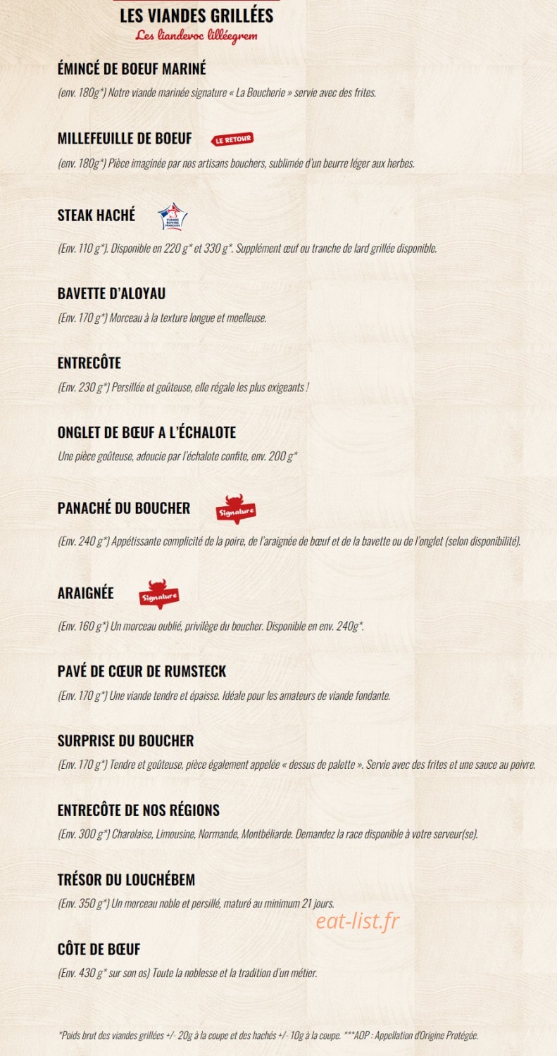 Carte et menu de La Boucherie à Andrezieux Boutheon — Les viandes grillées
