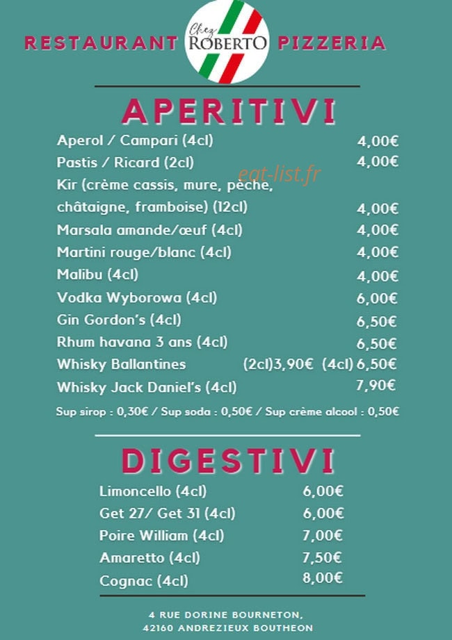 Carte et menu de Siii Gelato à Andrezieux Boutheon — Les apéritifs et digestifs