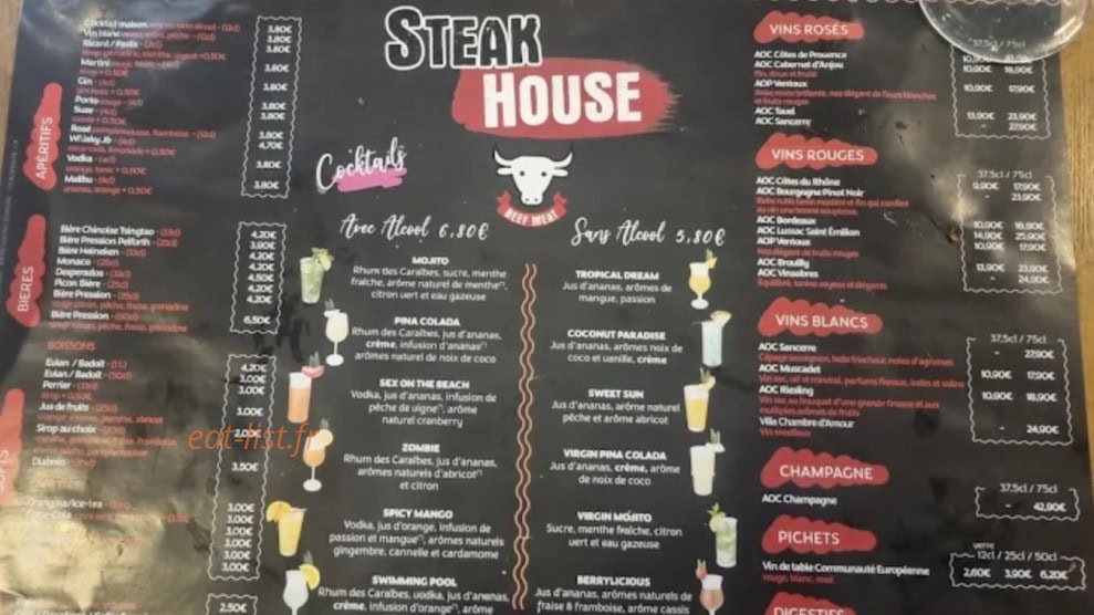Carte et menu de Steakhouse à Andrezieux Boutheon — La carte
