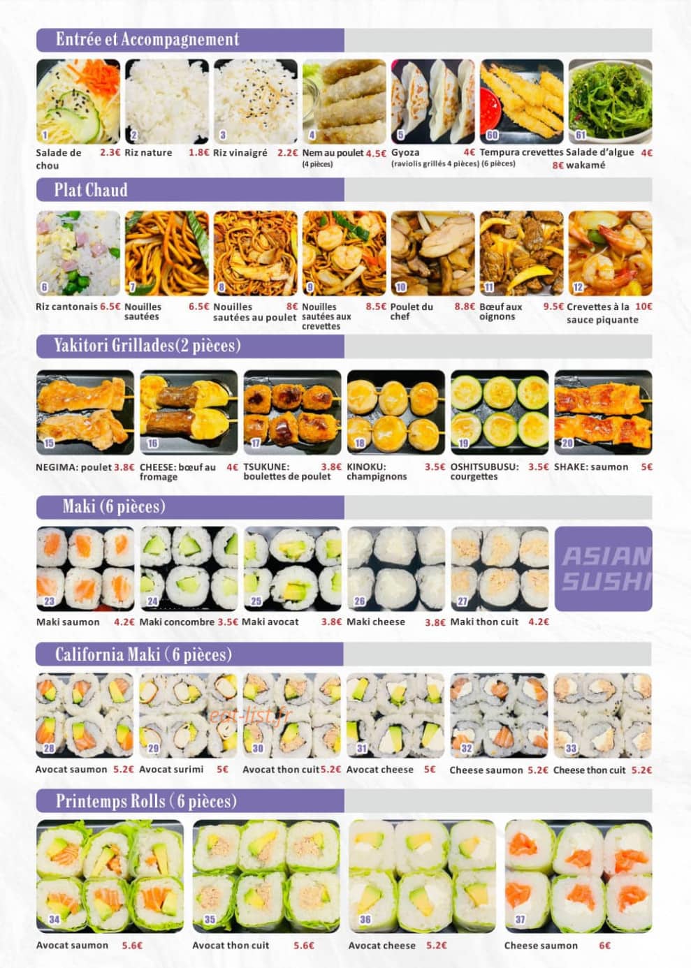 Asian sushi — carte page 1