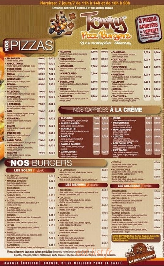 Carte et menu de Tony Pizz'Burgers à Bourg Argental — les pizzas, les caprices et les burgers