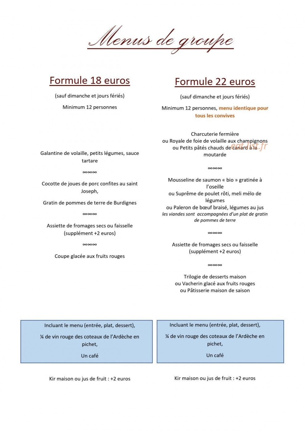 Carte et menu de Château de bobigneux à Saint Sauveur en Rue — Menu de groupes