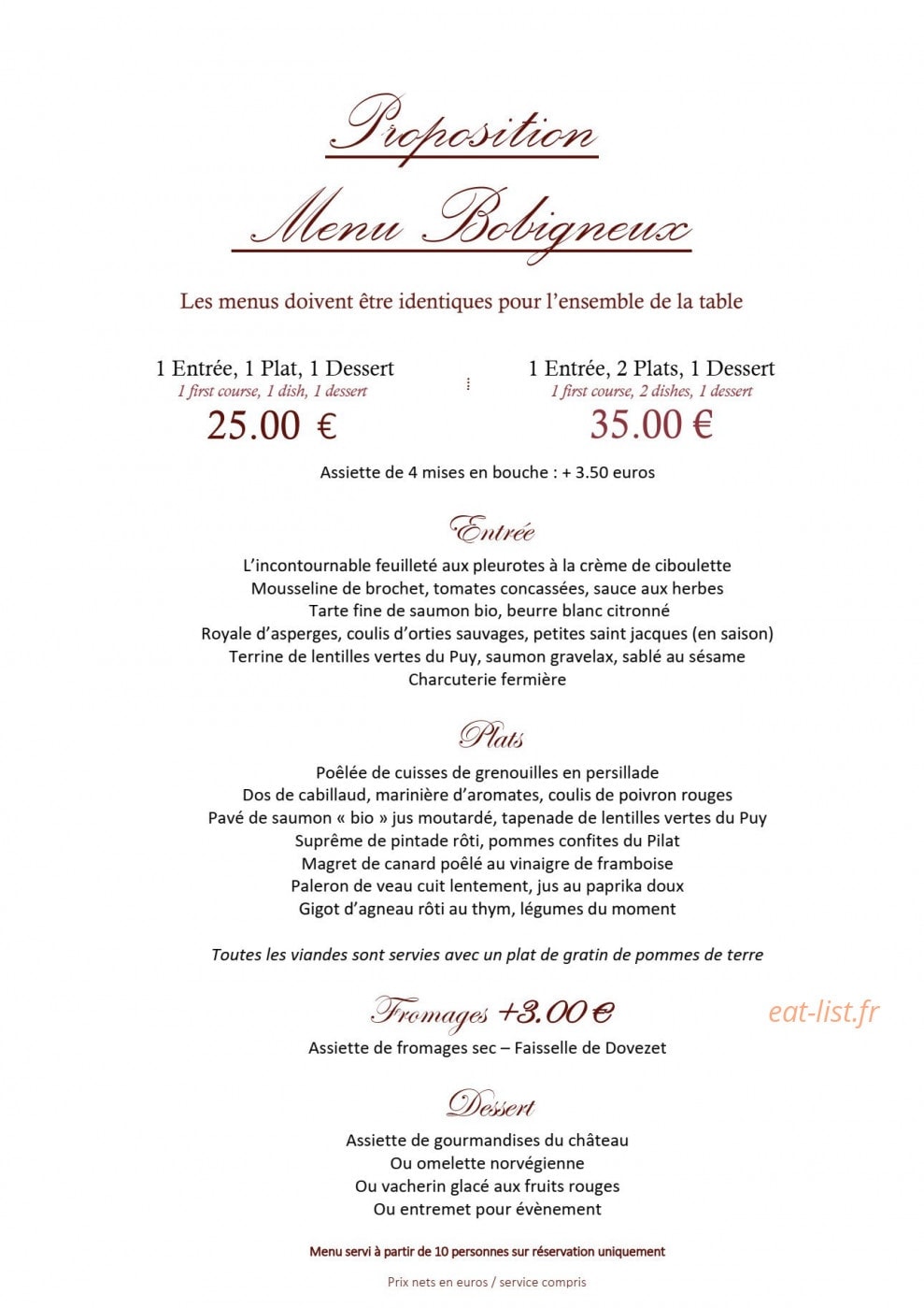 Carte et menu de Château de bobigneux à Saint Sauveur en Rue — Menu bobigneux