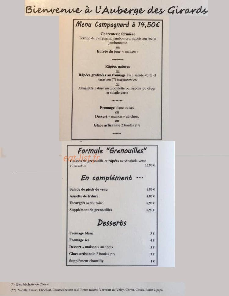Auberge des Girards — carte page 1