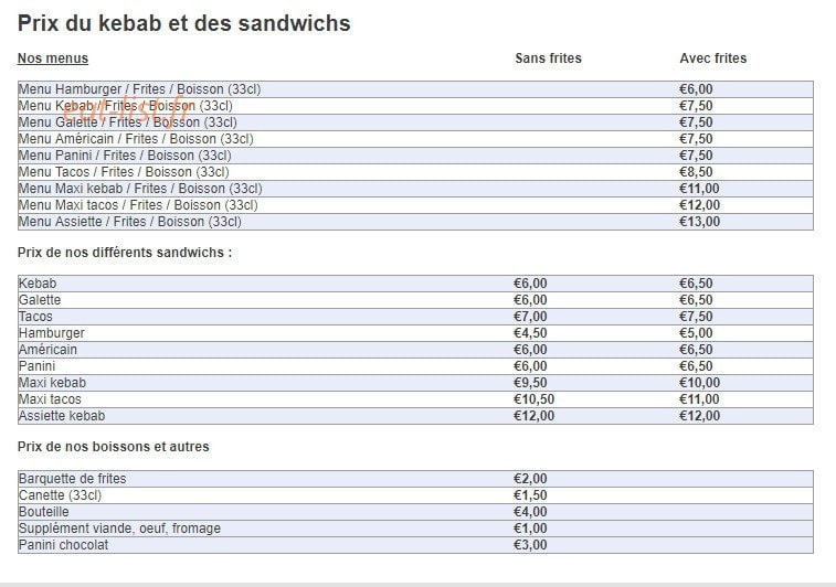Free Kebab — carte page 1