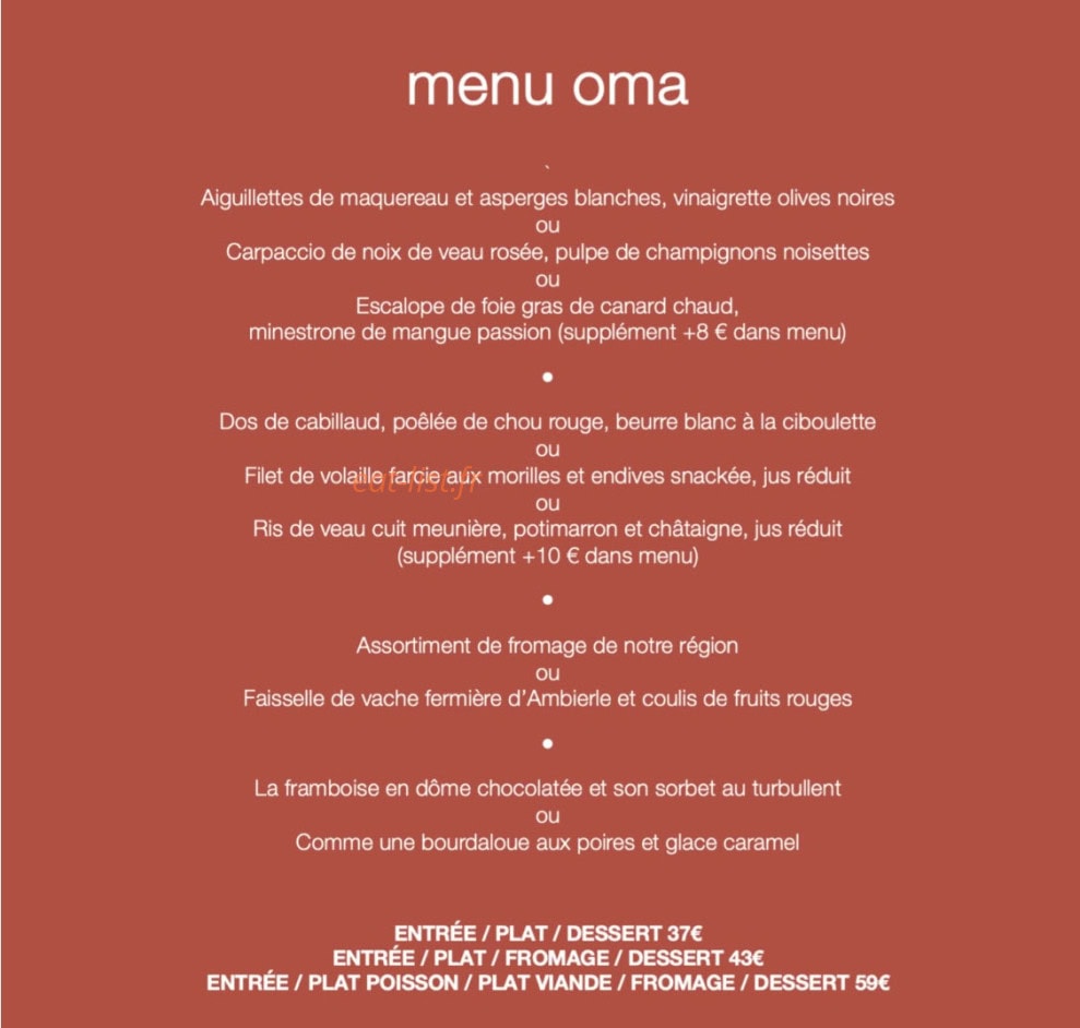Oma Restaurant — carte page 1