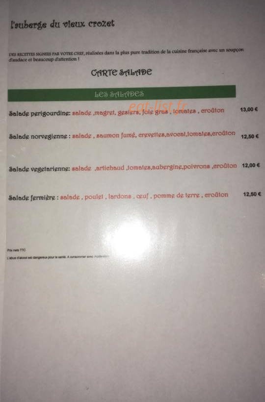 Carte et menu de L'auberge Du Vieux à Le Crozet — Salades