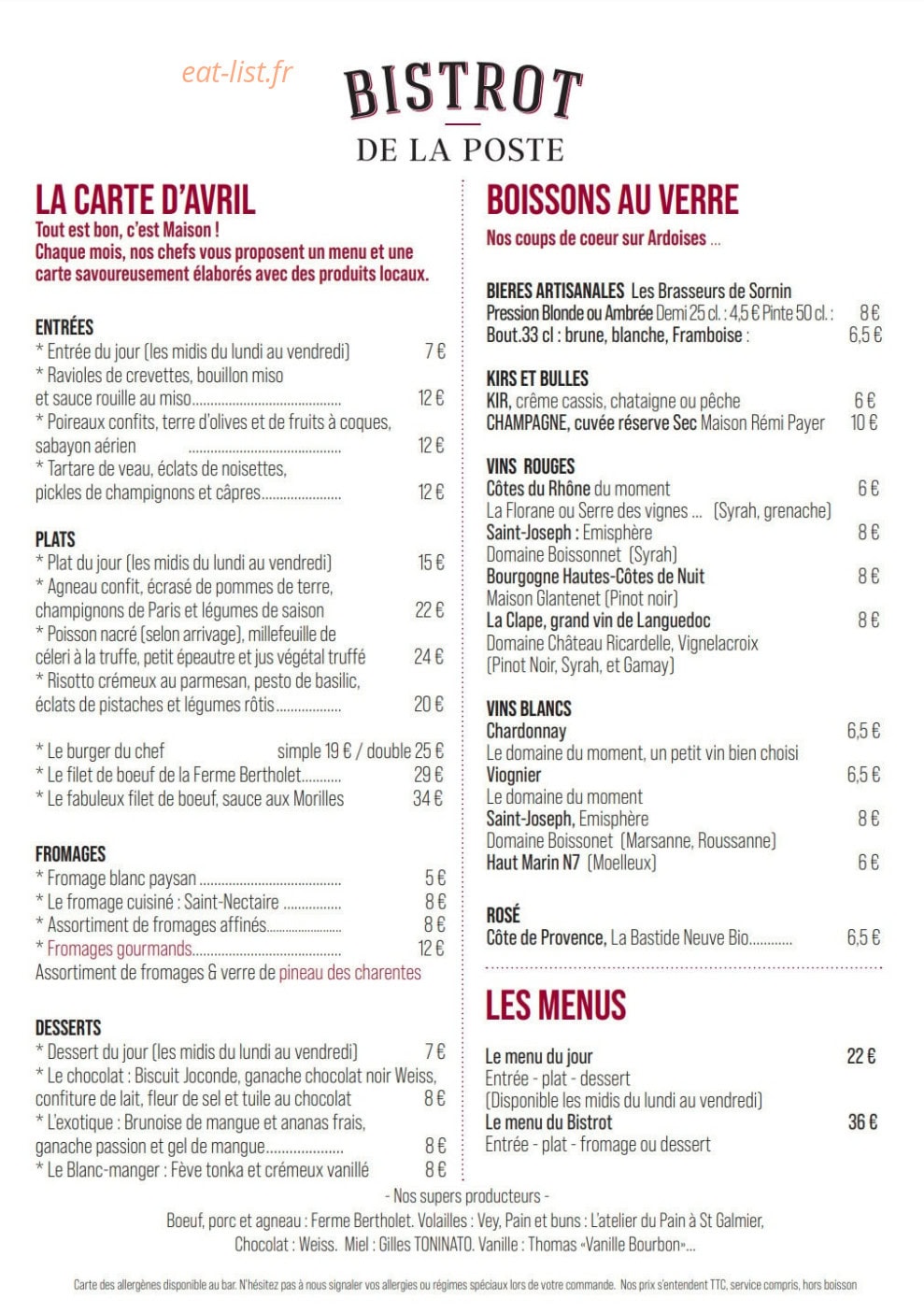 Bistrot de la Poste — carte page 1