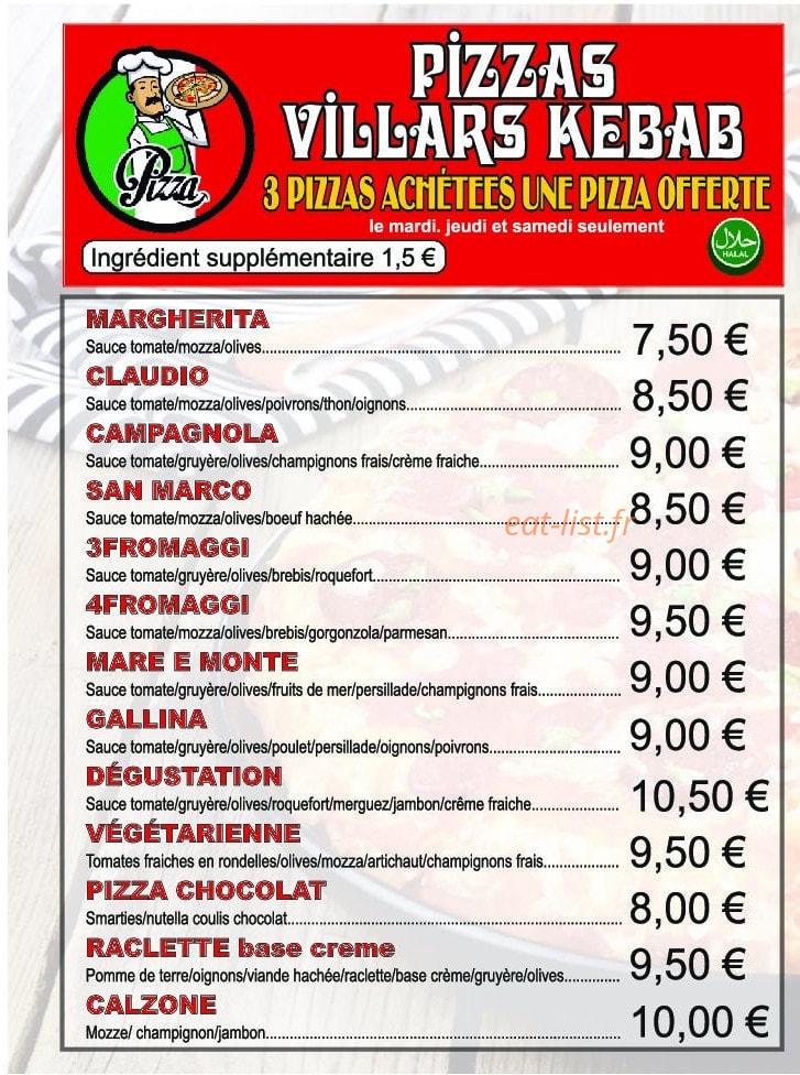 Pizza Villars Kebab — carte page 1