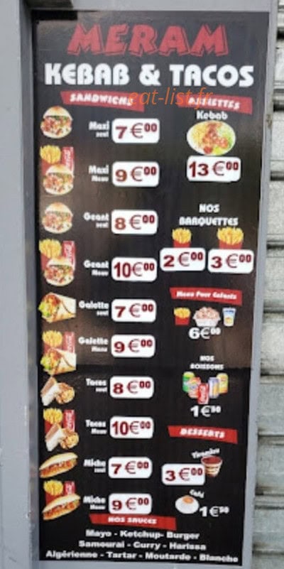 Carte et menu de Meram Kebab à Saint Chamond — Les sandwichs, assiettes et boissons,...