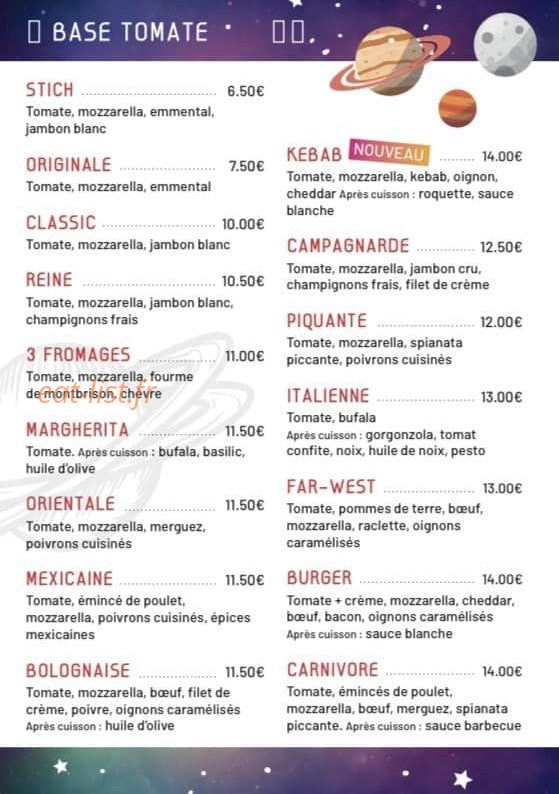 Galactique pizza — carte page 1