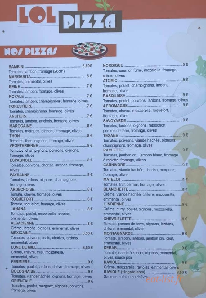 Lol Pizza — carte page 1