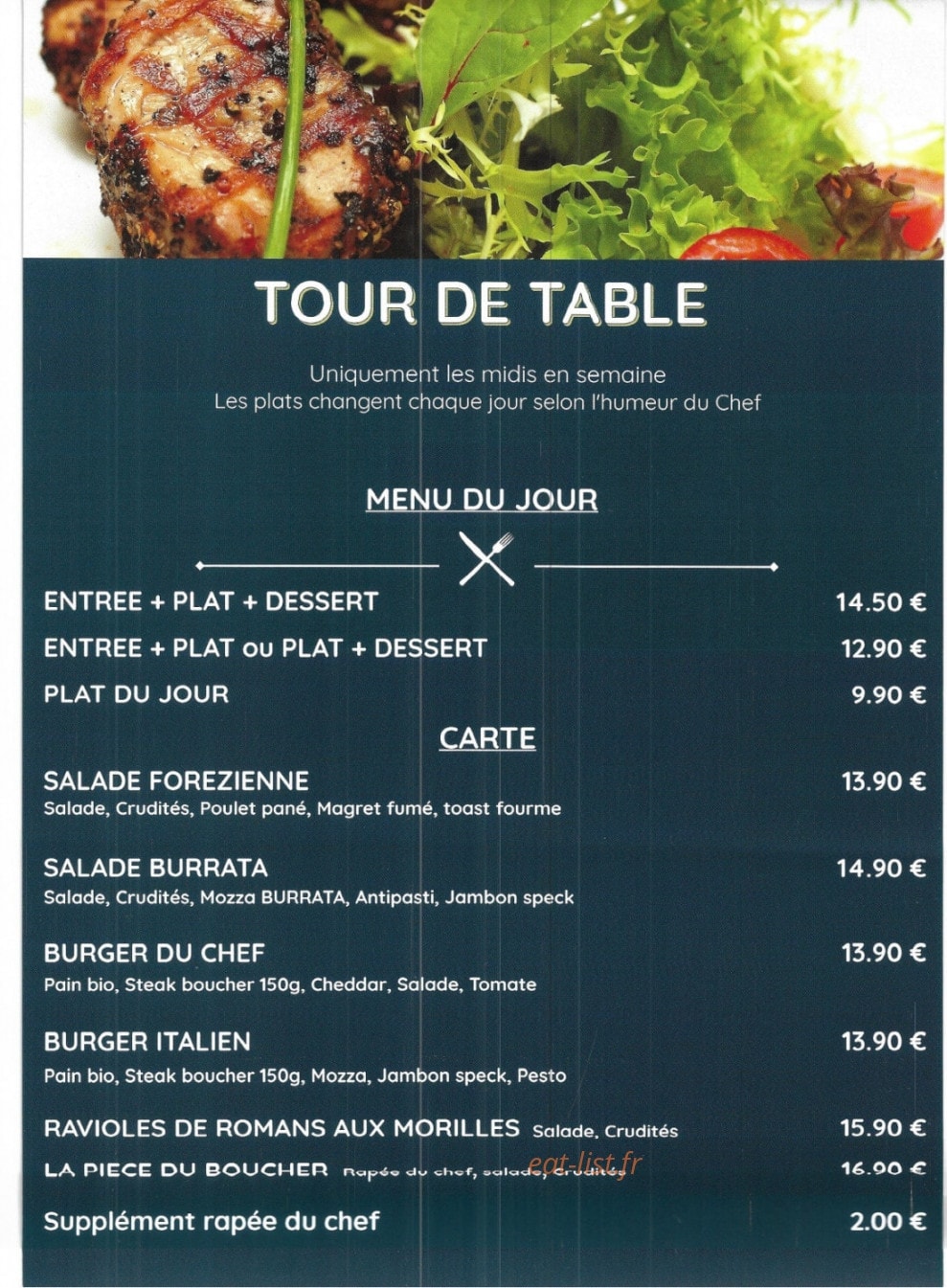 Menu Tour De Table - Le menu du jour et plats à la carte