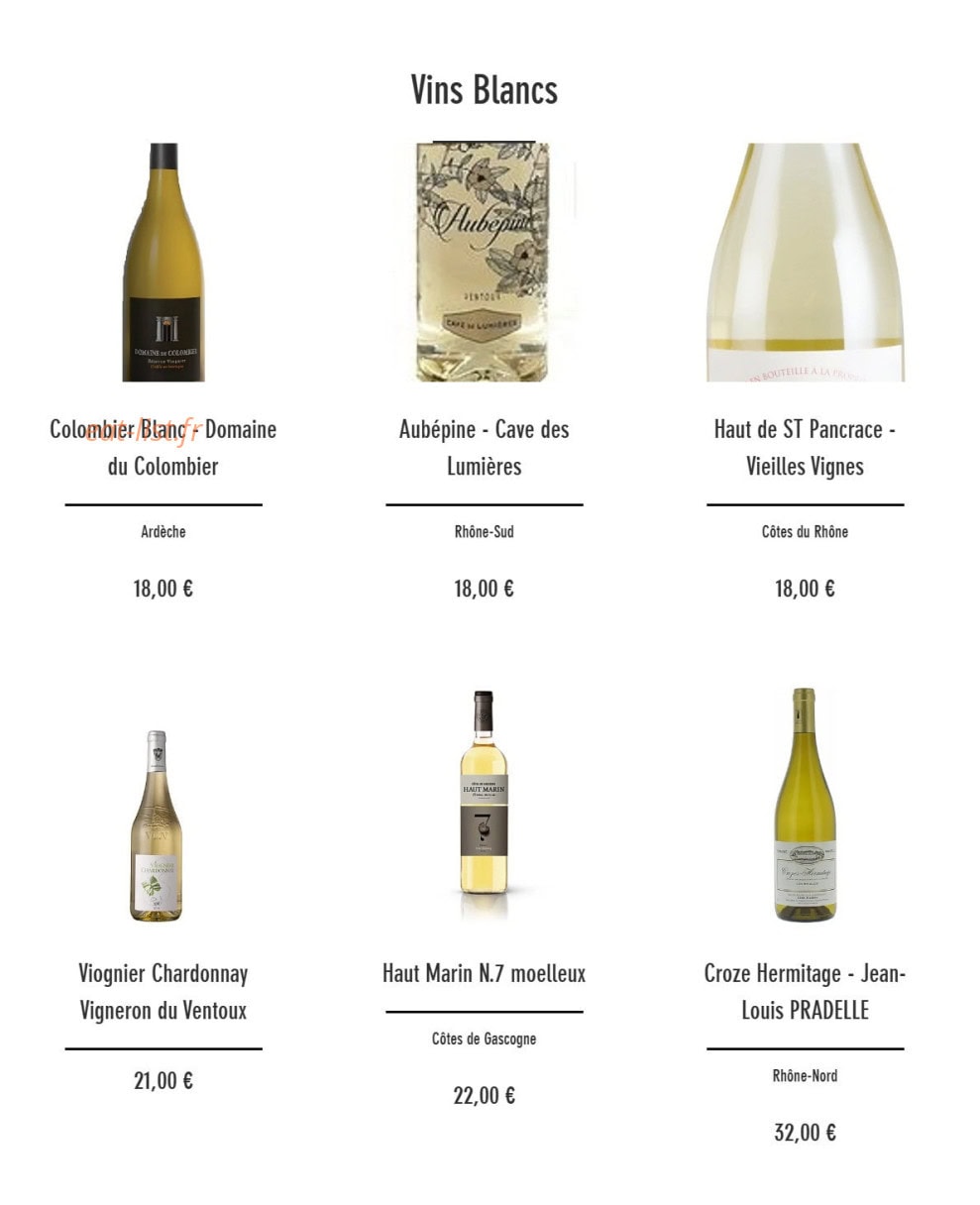 Carte et menu de Brasserie le QG à Savigneux — Les vins blancs