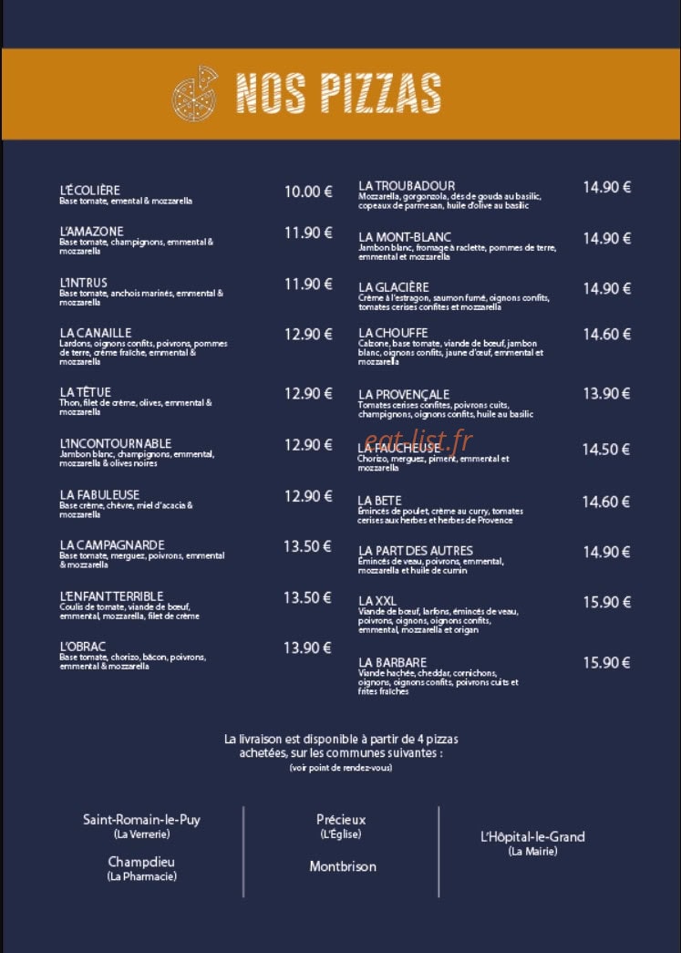 Carte et menu de Brasserie le QG à Savigneux — Les pizzas