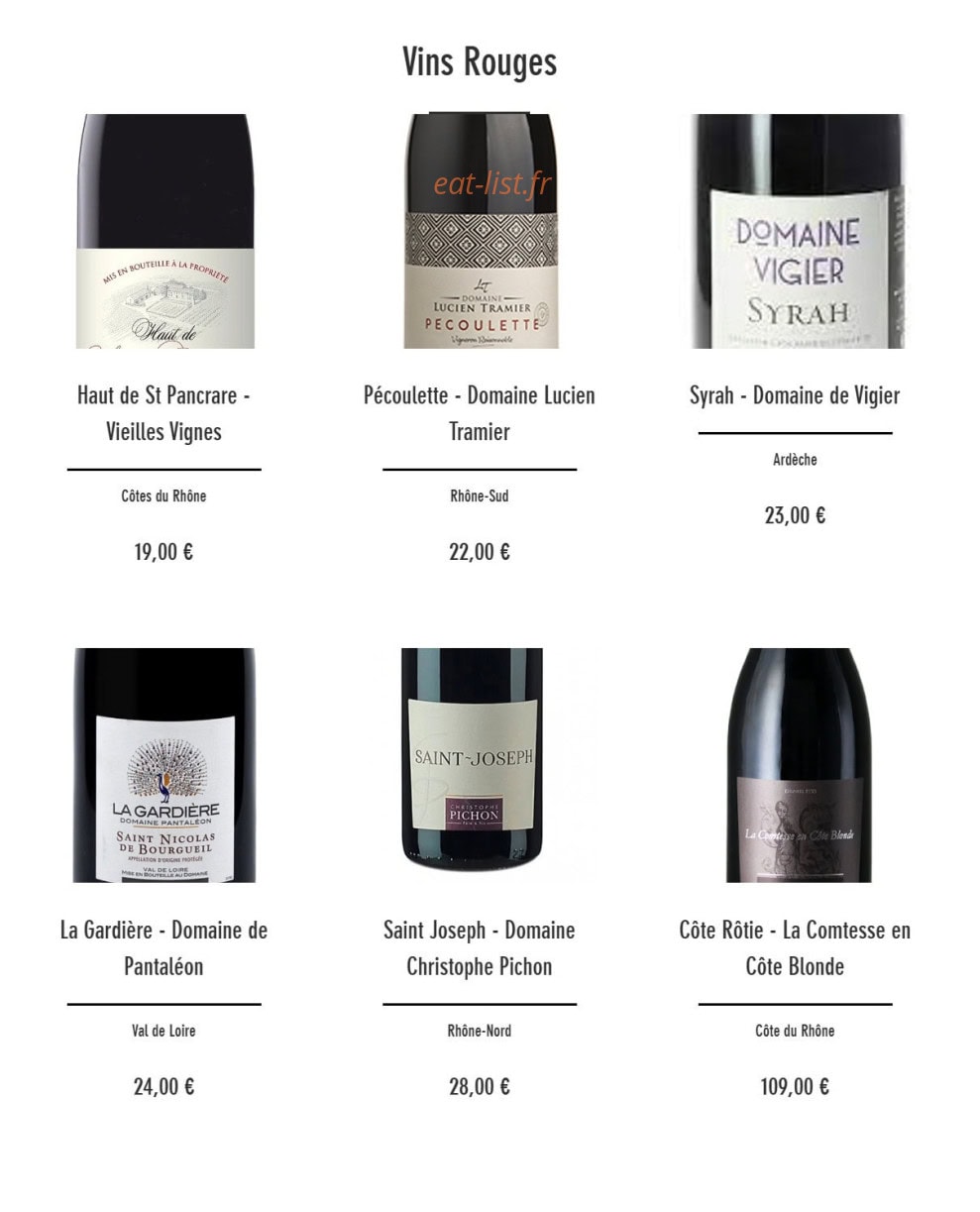 Carte et menu de Brasserie le QG à Savigneux — Les vins rouges