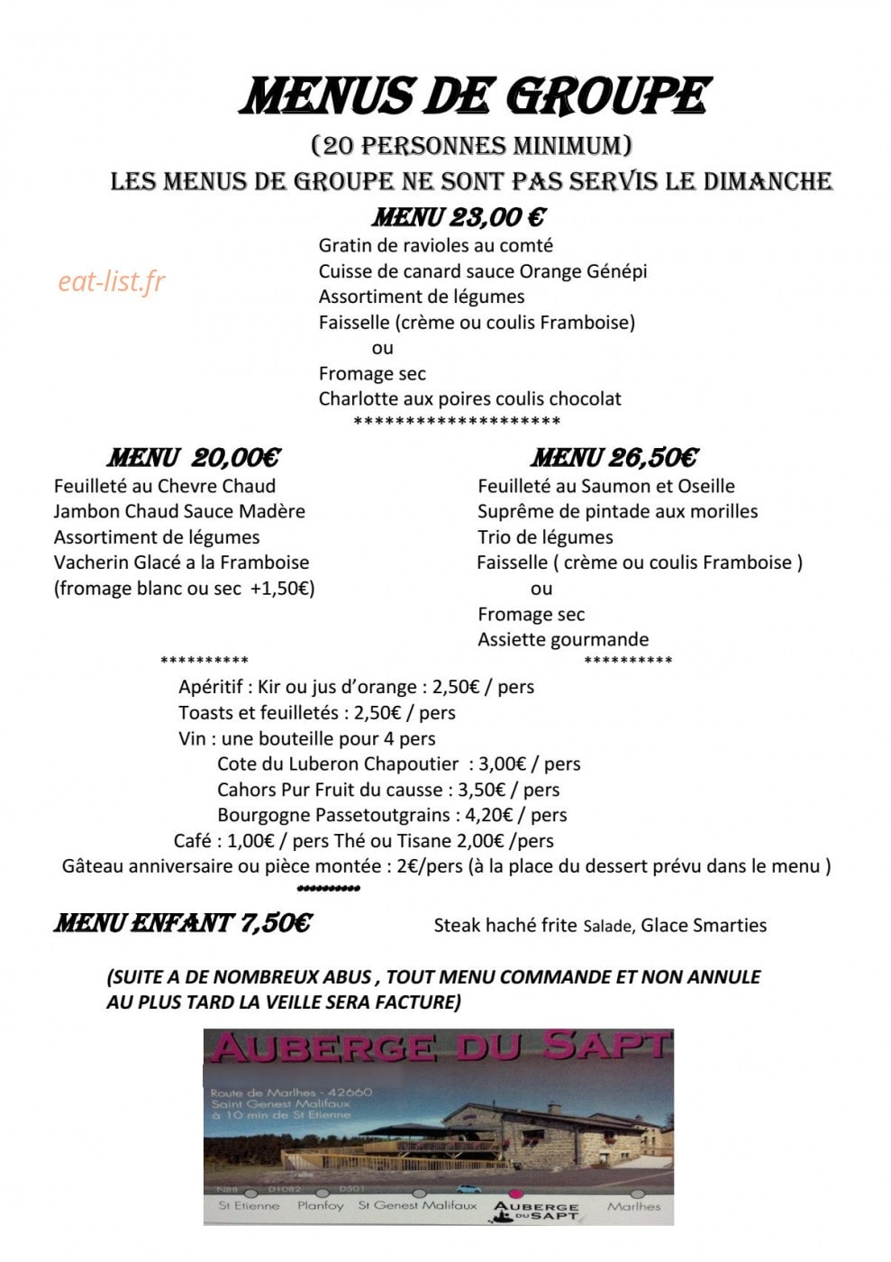 Auberge du sapt — carte page 1