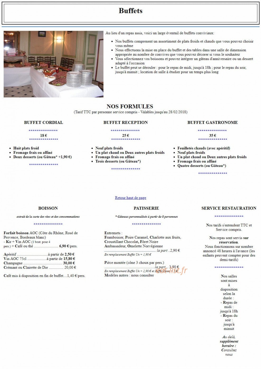 Carte et menu de Domaine de la Barollière à Saint Paul en Jarez — Buffets