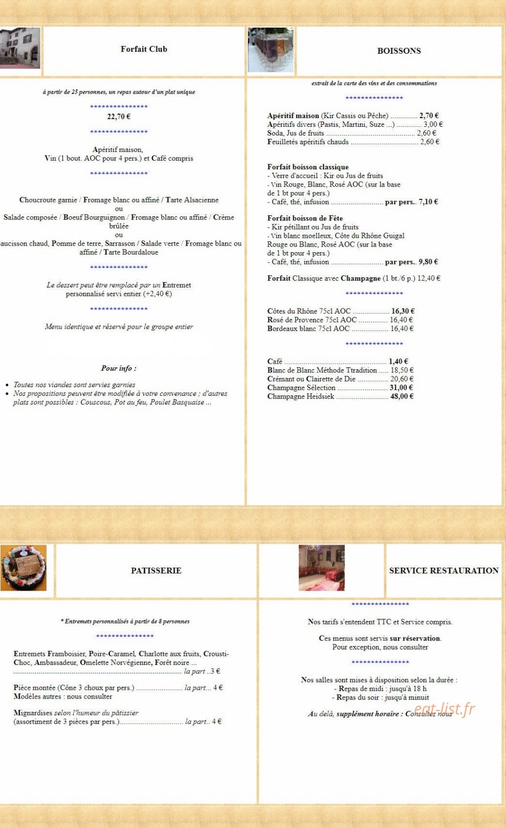 Carte et menu de Domaine de la Barollière à Saint Paul en Jarez — Forfait club, boissons, pâtisseries,...