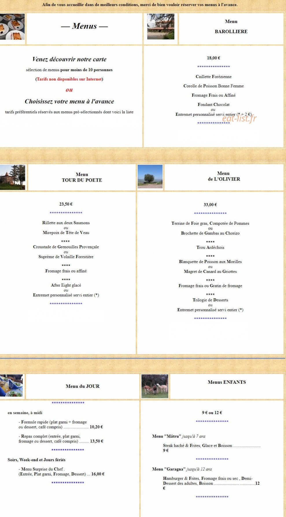 Carte et menu de Domaine de la Barollière à Saint Paul en Jarez — Menus