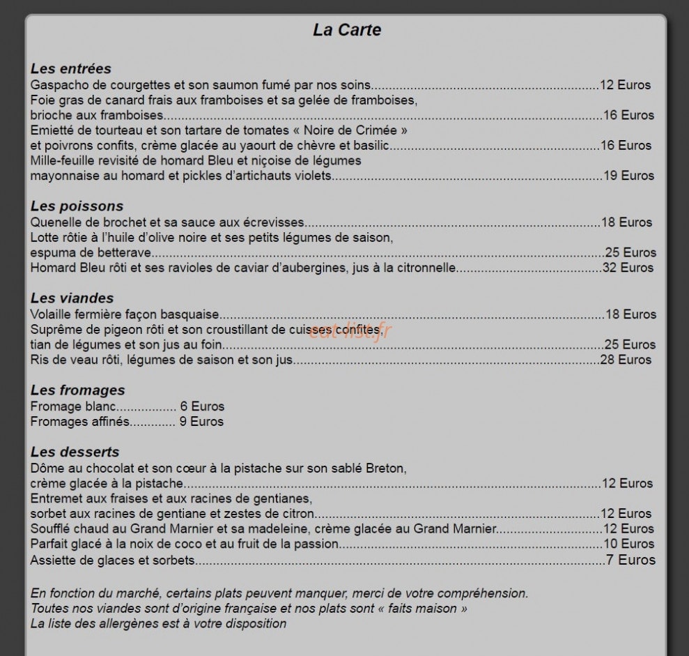 Restaurant Loic Picamal — carte page 2