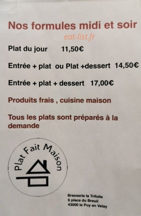 Carte et menu de Brasserie la trifolle à Le Puy en Velay — Les formules