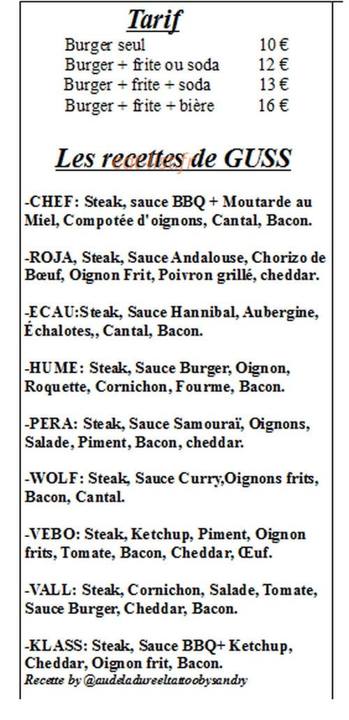 Guss Burger — carte page 1