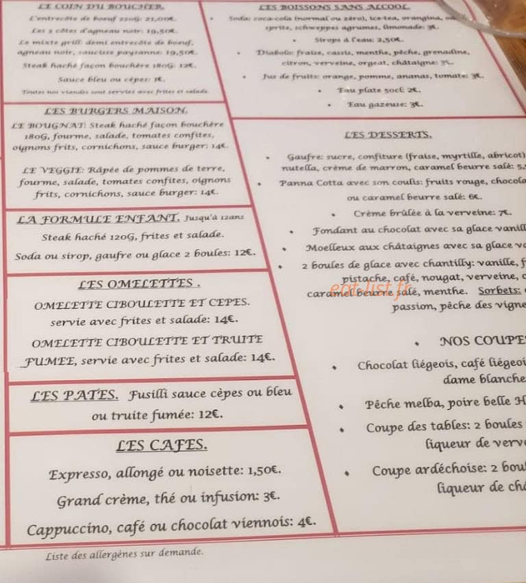 Carte et menu de L'Auberge des Tables à Le Puy en Velay — Les burgers maison, desserts et omelettes,...