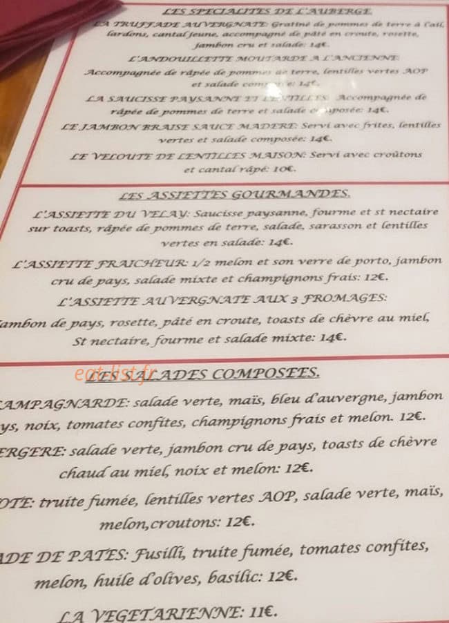 Carte et menu de L'Auberge des Tables à Le Puy en Velay — Les spécialités de l'auberge, assiettes gourmandes et salades personnalisées