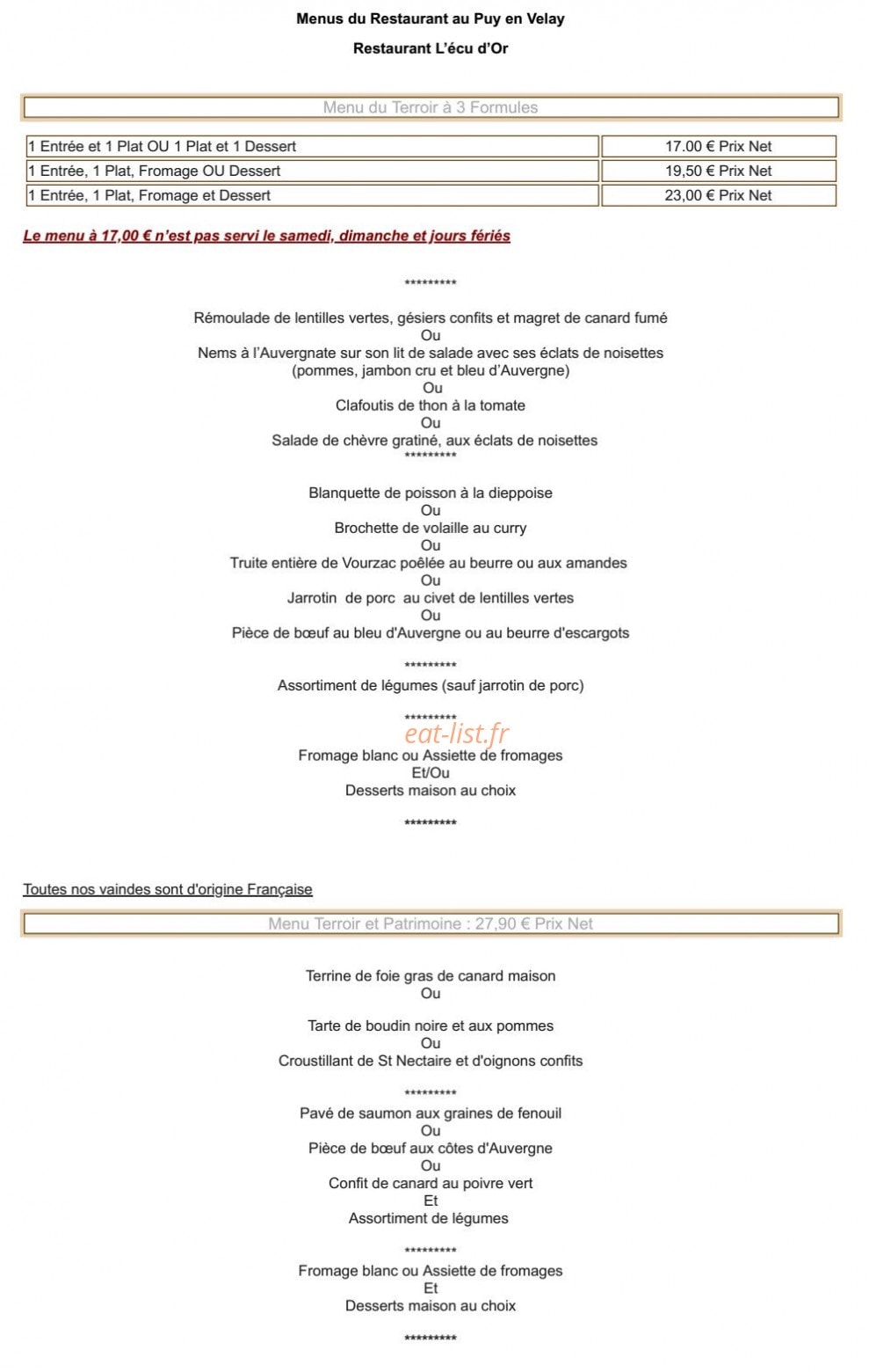 L'Ecu D'Or — carte page 1