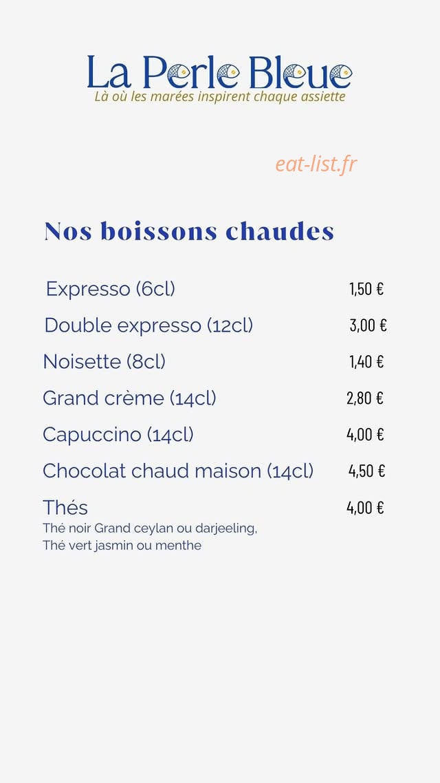 Carte et menu de La Perle Bleue à Le Puy en Velay — Les boissons chaudes