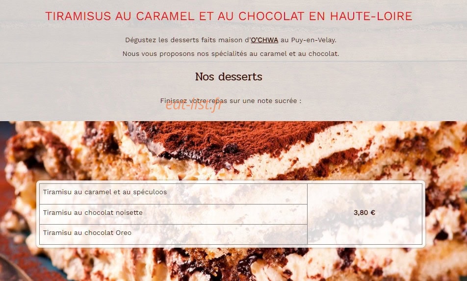 Carte et menu de O'chwa à Le Puy en Velay — Les desserts
