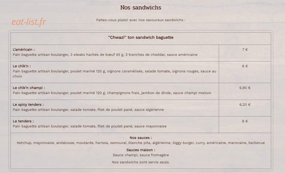 Carte et menu de O'chwa à Le Puy en Velay — Les sandwiches