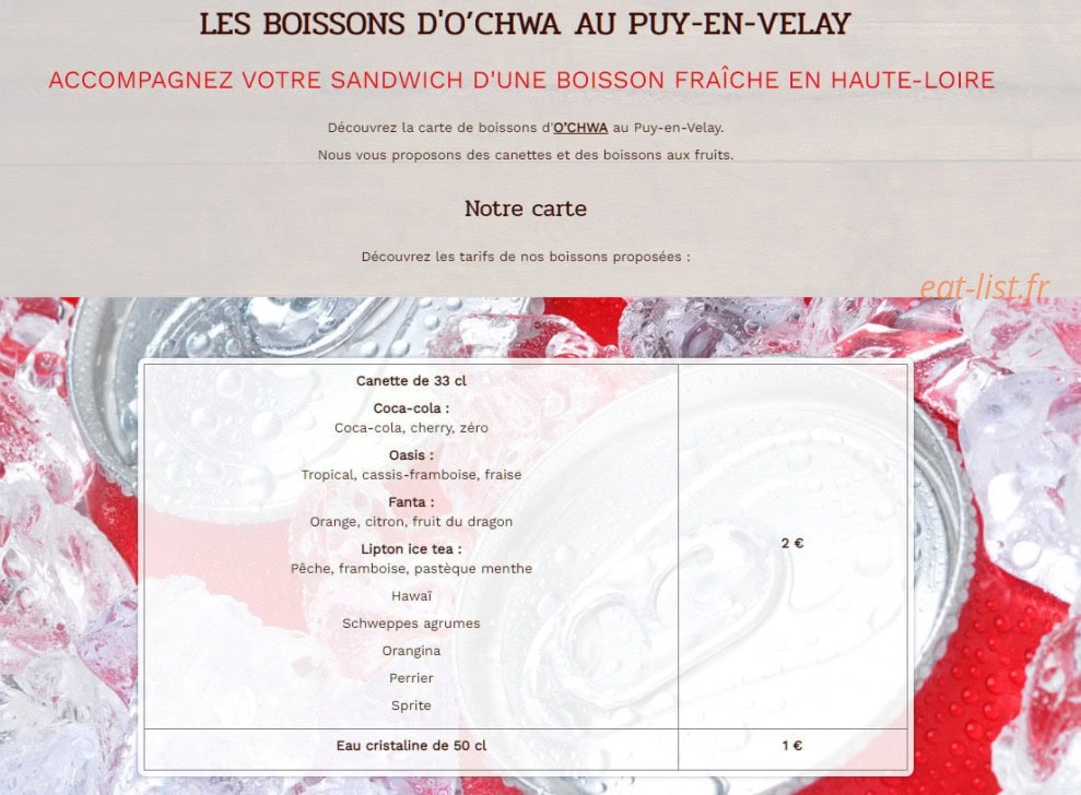 Carte et menu de O'chwa à Le Puy en Velay — Les boissons