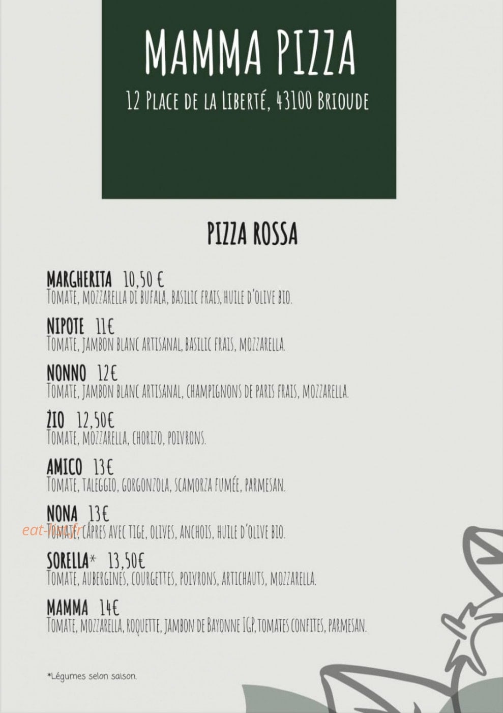 Mamma Pizza — carte page 1