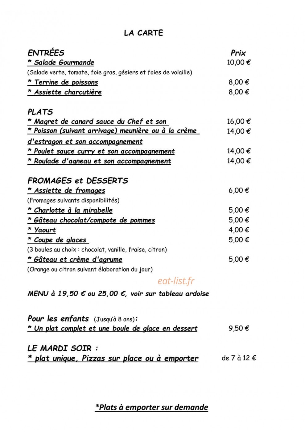L'auberge de Chaniat — carte page 1