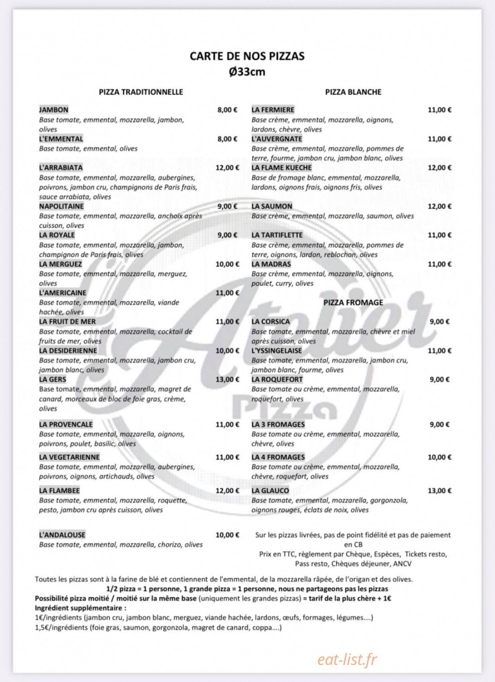 L’atelier pizza — carte page 1