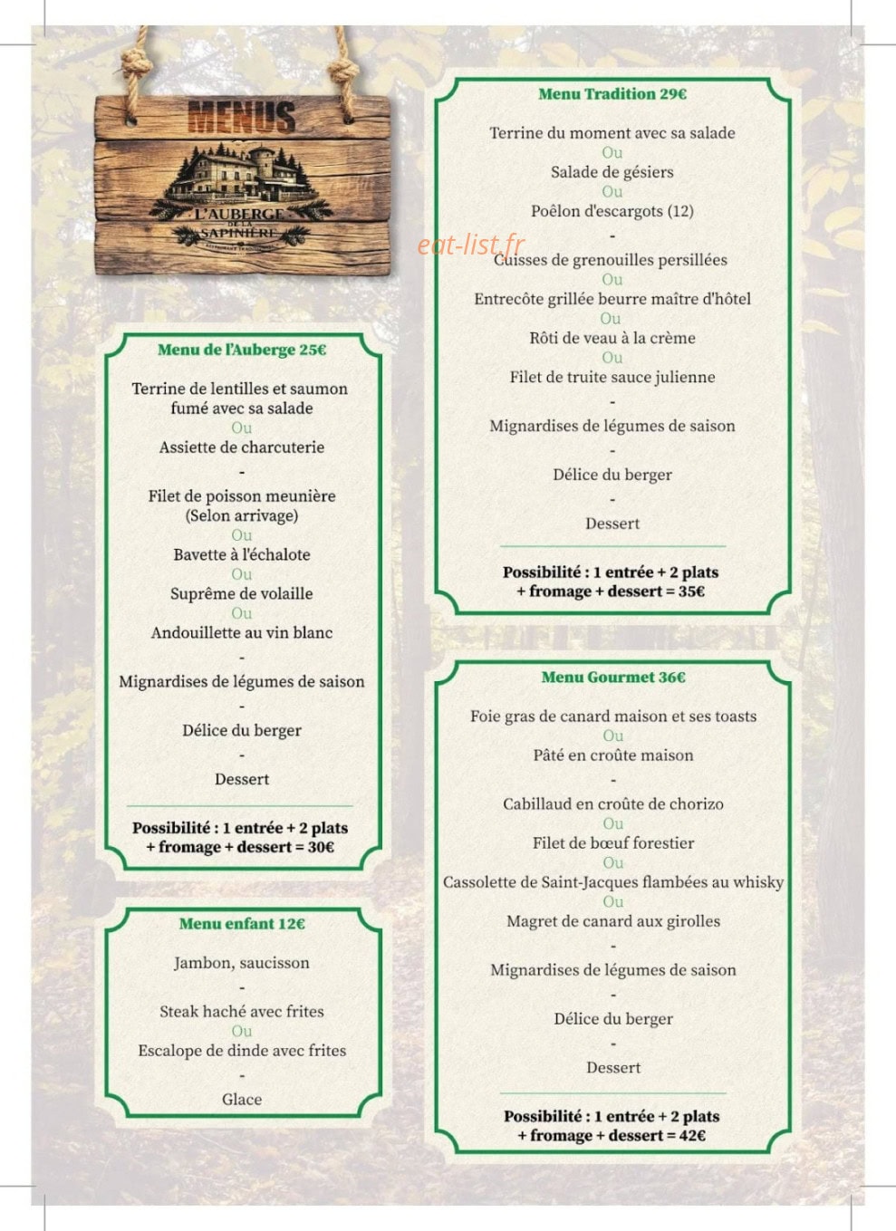 Carte et menu de Auberge de la Sapinière à Saint Victor Malescours — page 1
