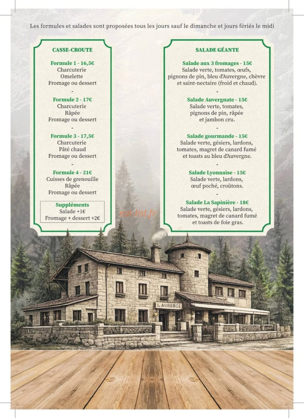 Carte et menu de Auberge de la Sapinière à Saint Victor Malescours — page 2