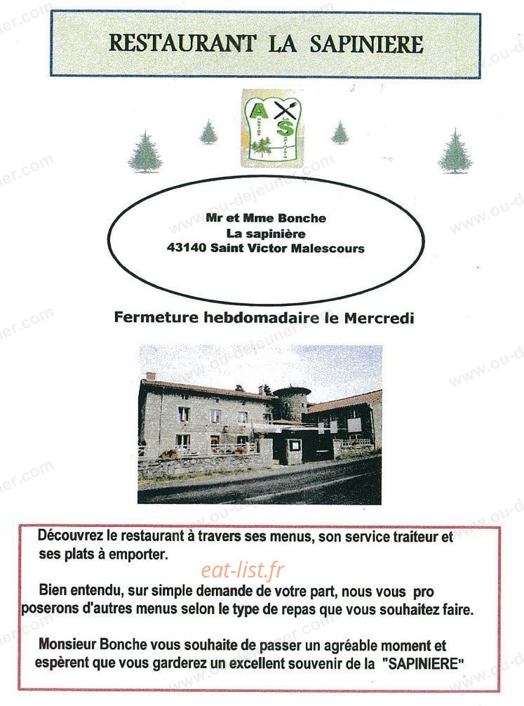 Carte et menu Auberge de la Sapinière Saint Victor Malescours
