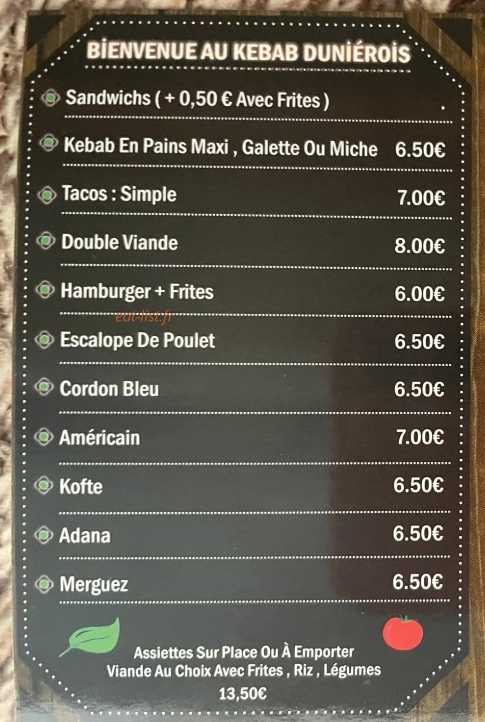 Kebab Dunierois — carte page 1