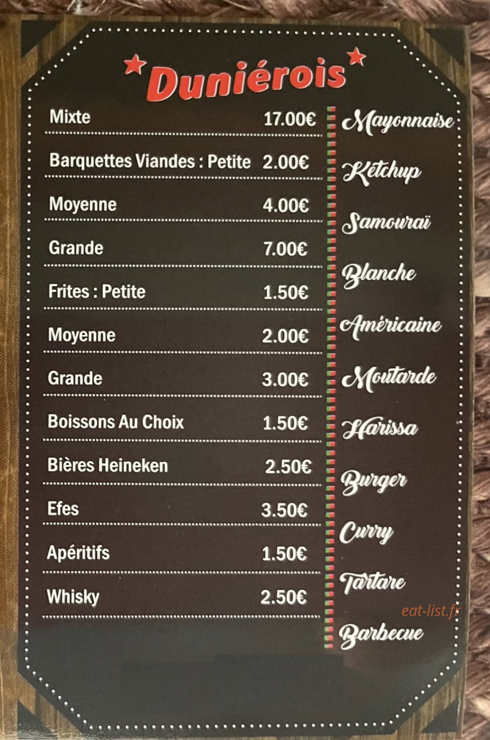 Kebab Dunierois — carte page 2