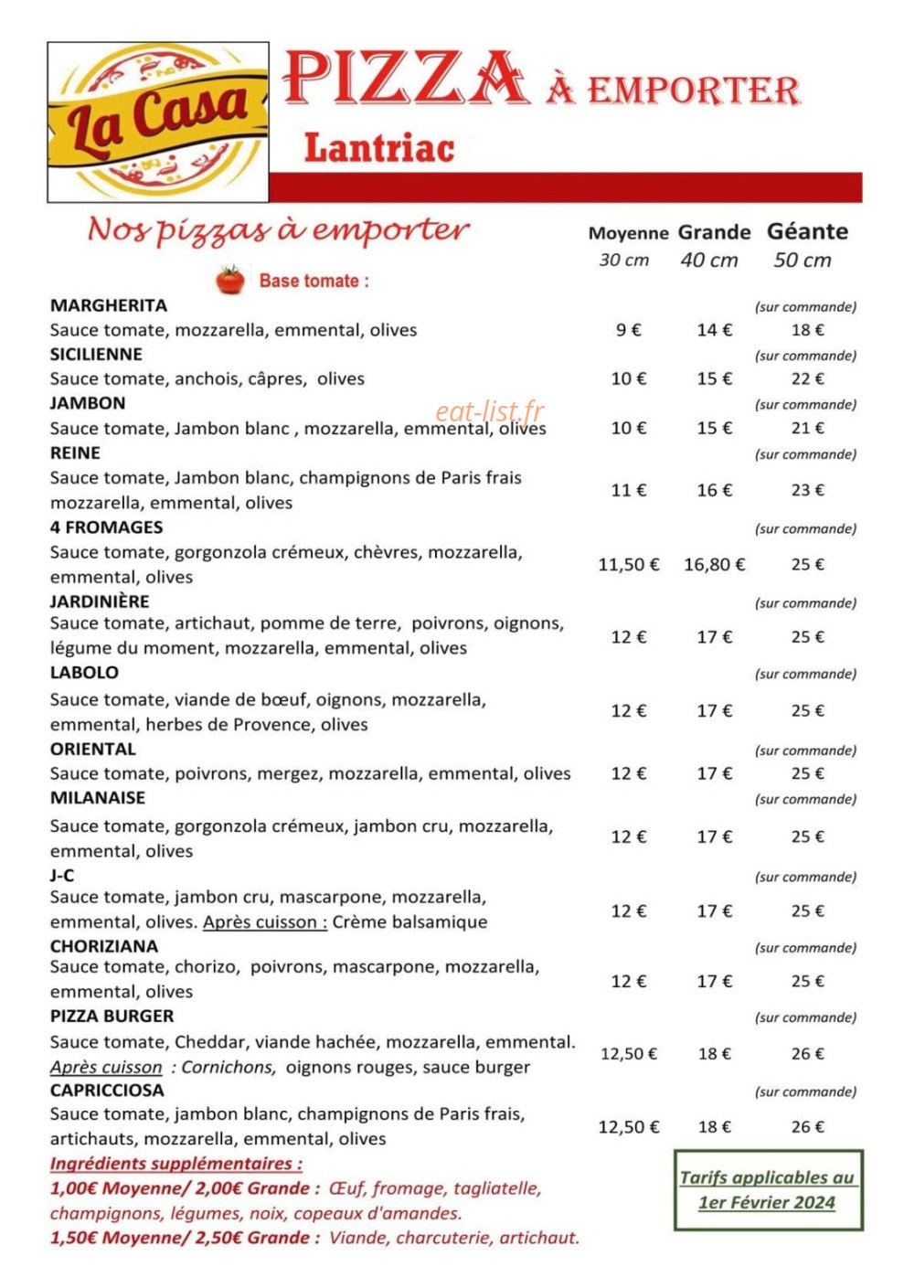 Pizza La Casa — carte page 1
