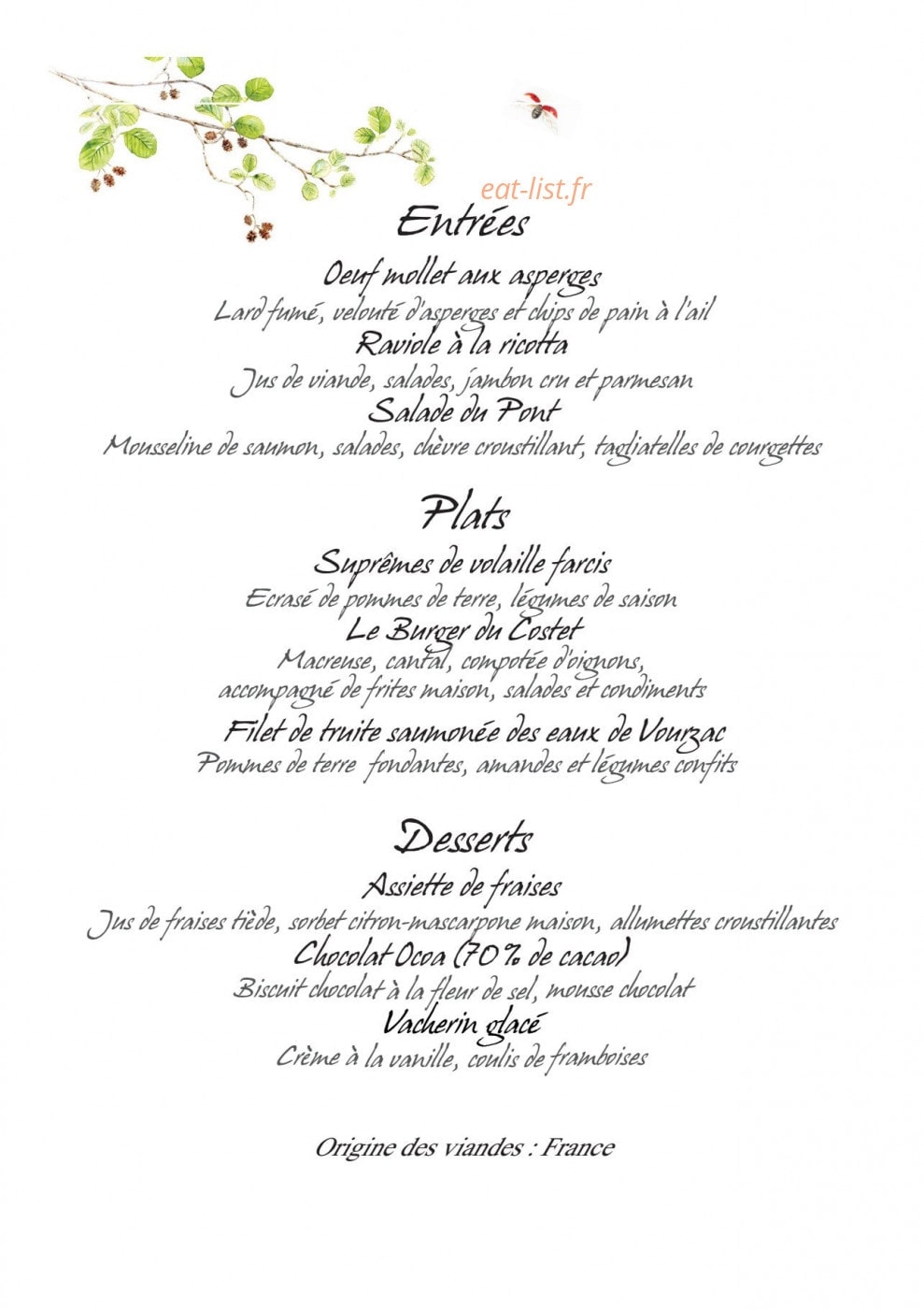 Auberge du Pont de Costet — carte page 1