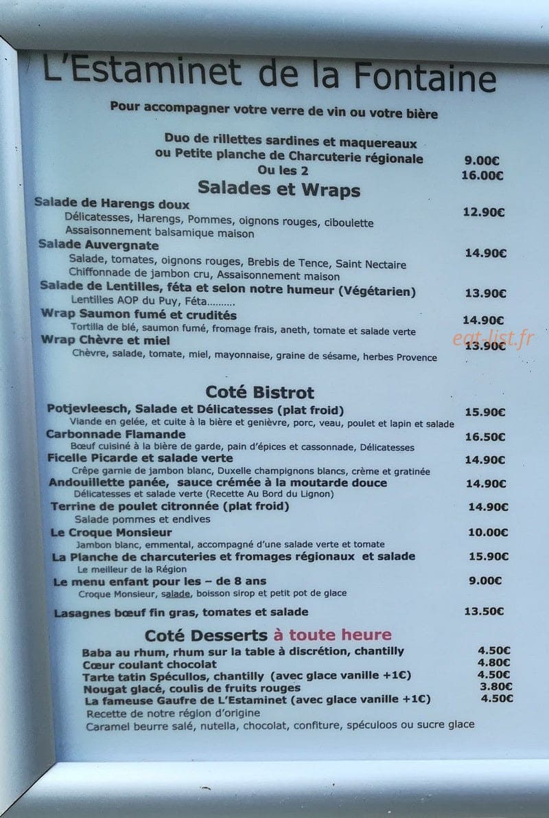 Carte et menu de L'Estaminet de la fontaine à Le Chambon sur Lignon — La carte