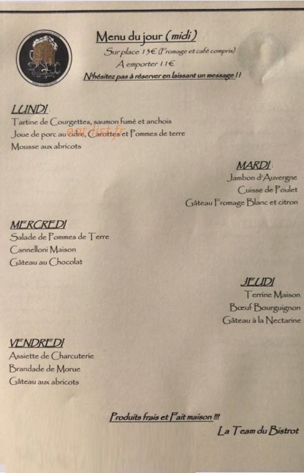 Bistrot de la tour — carte page 1